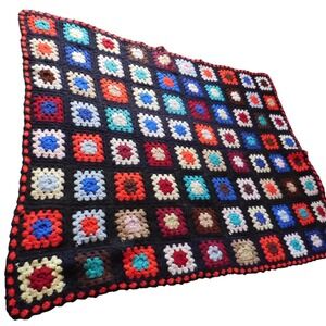Vintage‎ Hand Made Granny Square Afghan Crochet Blanket 58 x 46 Inch Black Multi